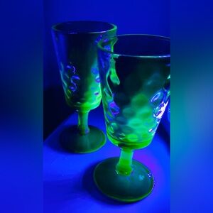 2 LG Wright Emerald Green, diamond, quilted goblets 1950s/60s, Uranium Glass